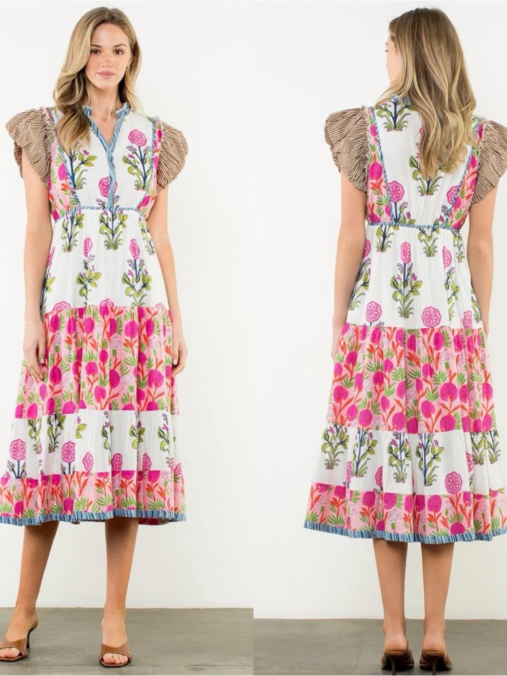 THML Maddie Pink Floral Block Print Maxi Dress Flutter Sleeve 100% Cotton Boho S